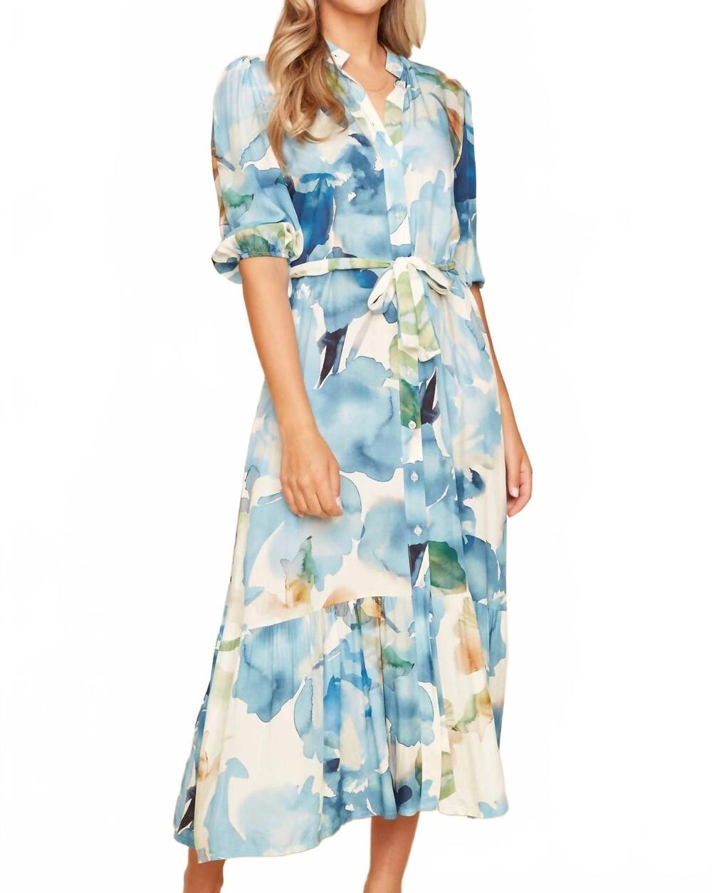 NEW RENUAR floral belted button shirt midi dress in blue watercolour